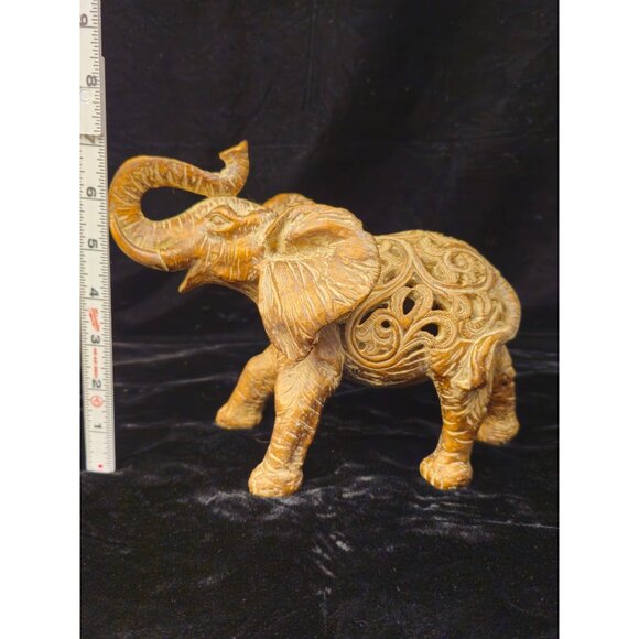 Hand-Carved Wooden Elephant Figurine With Intricate Floral Detailing Decorative - Picture 8 of 12